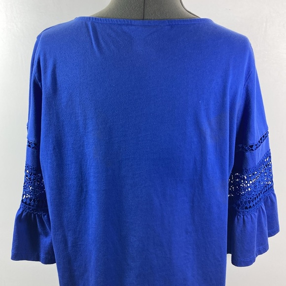 Rebecca Malone Top Women Size Large Blue 100% Cotton Soft Crocheted Sleeves - Picture 6 of 8